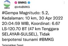 Usai NTB, Giliran Selayar Diguncang Gempa Bumi Magnitudo 5.2