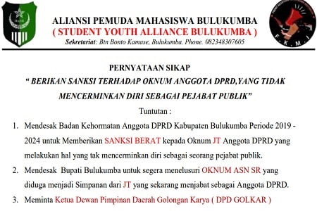 Mahasiswa Desak BK DPRD Bulukumba Beri Sanksi Berat JT Terkait Perusakan Mobil di Vida View Makassar