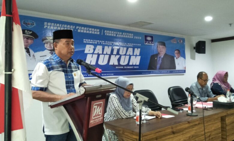 Anggota DPRD Kota Makassar Sangkala Saddiko sosialisasi penyebaran produk hukum daerah Kota Makassar "Perda Nomor 7 Tahun 2015 Tentang Penyelenggaraan Bantuan Hukum", di Hotel Grand Maleo, Jalan Pelita Raya, Selasa (28/3/2023).