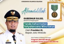 Gubernur Andi Sudirman Terima Penghargaan Satyalancana Wira Karya dari Presiden