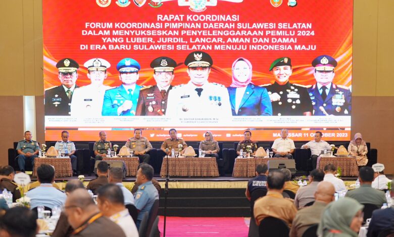 Jelang Pemilu 2024, Pj Gubernur Bahtiar Pimpin Rakor dengan Forkopimda, Forkopimcam, KPU dan Bawaslu se-Sulsel