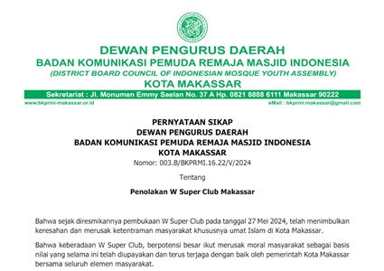 BKPRMI Makassar Menolak W Super Club, Dianggap Bisa Rusak Generasi Muda