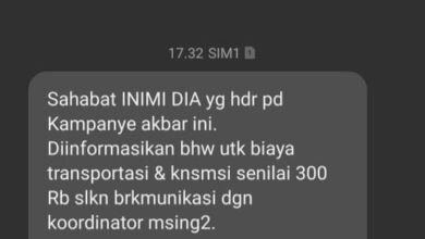 Pasca Kampanye Akbar INIMI DIA, Beredar SMS Blast Berisi Uang Transport dan Konsumsi Relawan