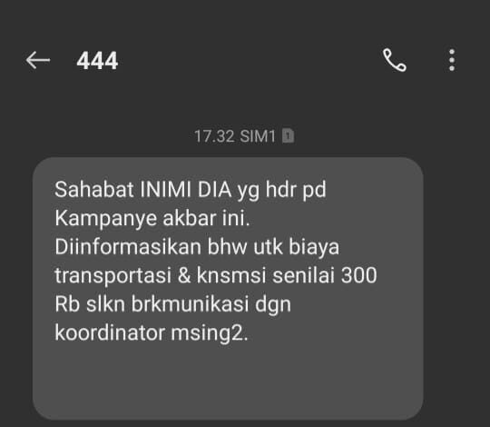 Pasca Kampanye Akbar INIMI DIA, Beredar SMS Blast Berisi Uang Transport dan Konsumsi Relawan