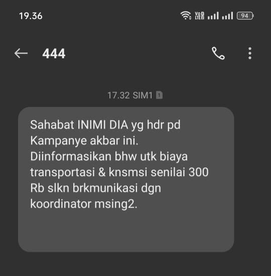 Pasca Kampanye Akbar INIMI DIA, Beredar SMS Blast Berisi Uang Transport dan Konsumsi Relawan