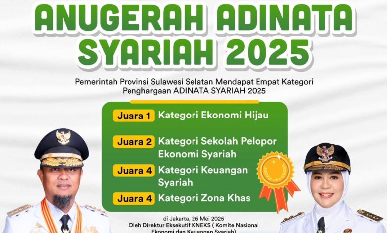 Sulsel Raih 4 Penghargaan Anugerah Adinata Syariah 2025, Gubernur Andi Sudirman: Terima Kasih Seluruh Tim