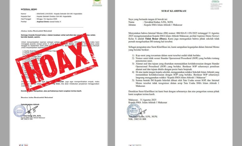 SMA Islam Athirah 1 Makassar Tegaskan Memo Ajakan Demo adalah Hoaks, Beberkan Lima Kejanggalan