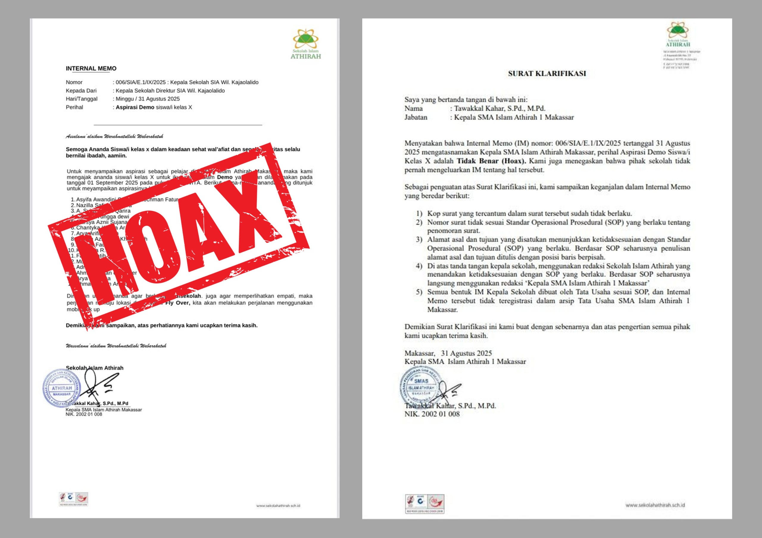 SMA Islam Athirah 1 Makassar Tegaskan Memo Ajakan Demo adalah Hoaks, Beberkan Lima Kejanggalan