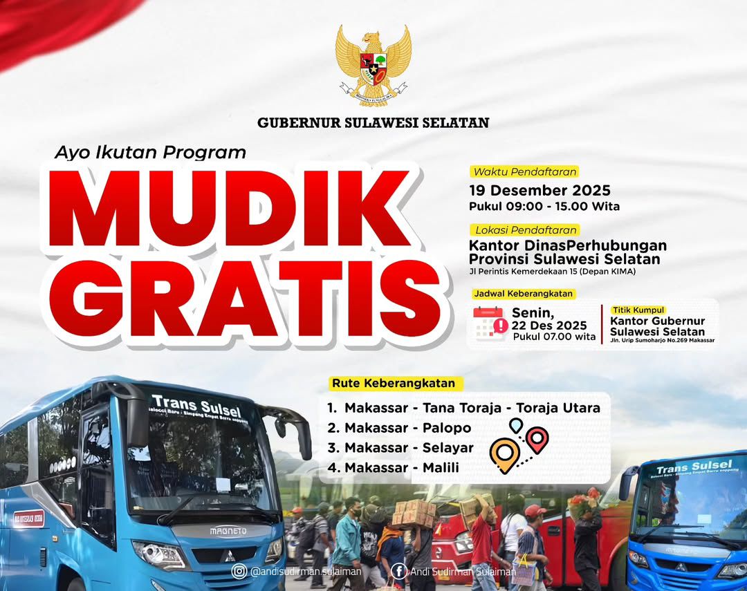 Program Mudik Gratis Nataru dari Gubernur Sulsel Siapkan 7 Armada Bus Bagi 250 Penumpang, Ini Rutenya