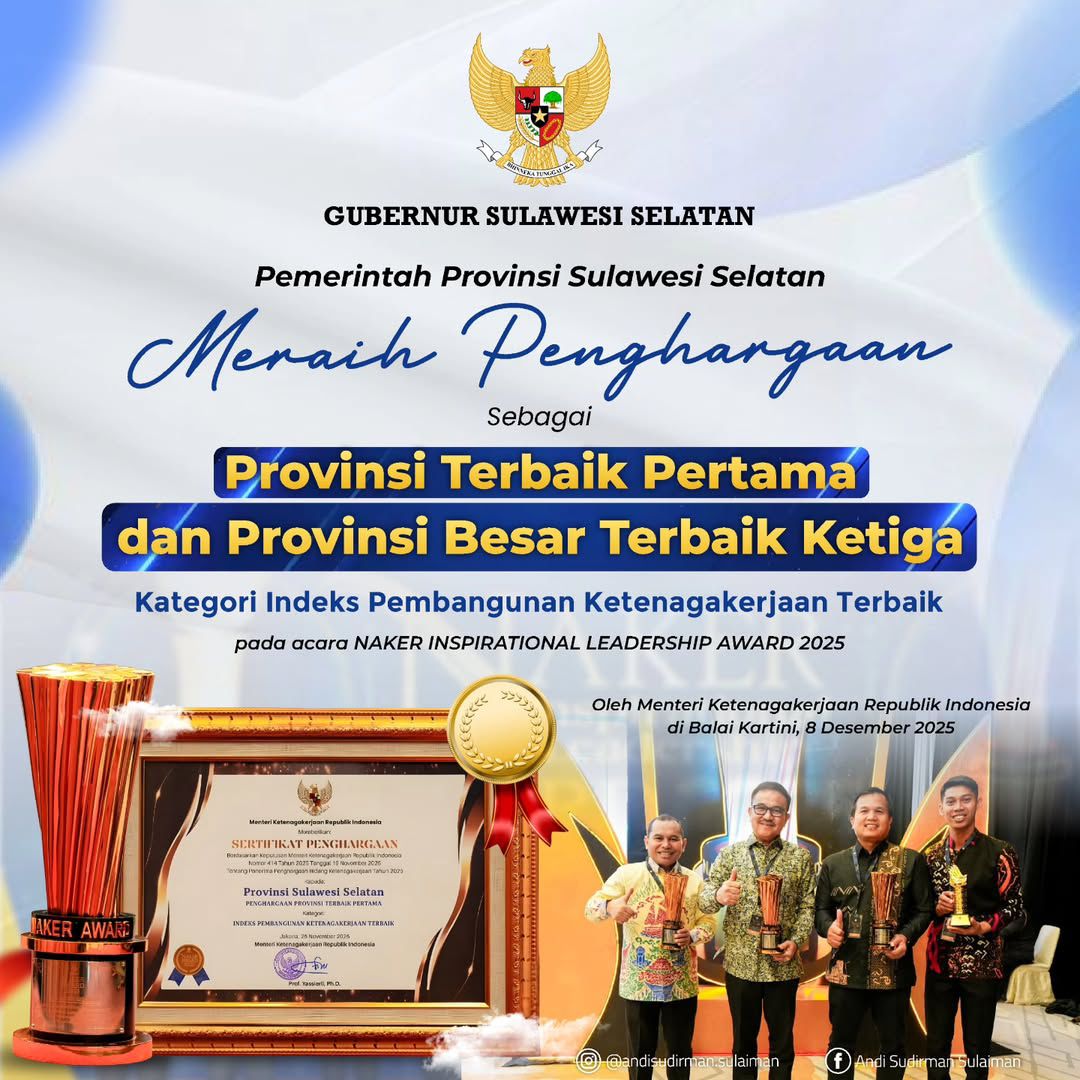 Pemprov Sulsel Raih Dua Penghargaan Naker Inspirational Leadership Award 2025