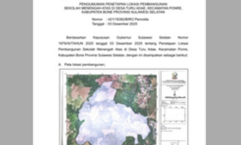 Gubernur Sulsel Menetapkan Lokasi Pembangunan SMA di Kabupaten Bone