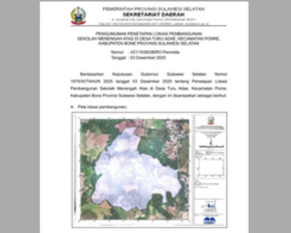 Gubernur Sulsel Menetapkan Lokasi Pembangunan SMA di Kabupaten Bone
