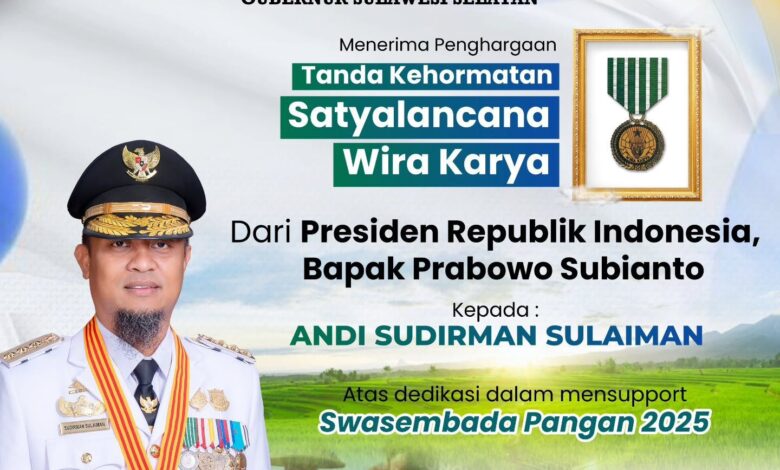 Sukses Tingkatkan Pertanian, Gubernur Sulsel Terima Satyalancana Wira Karya dari Presiden Prabowo