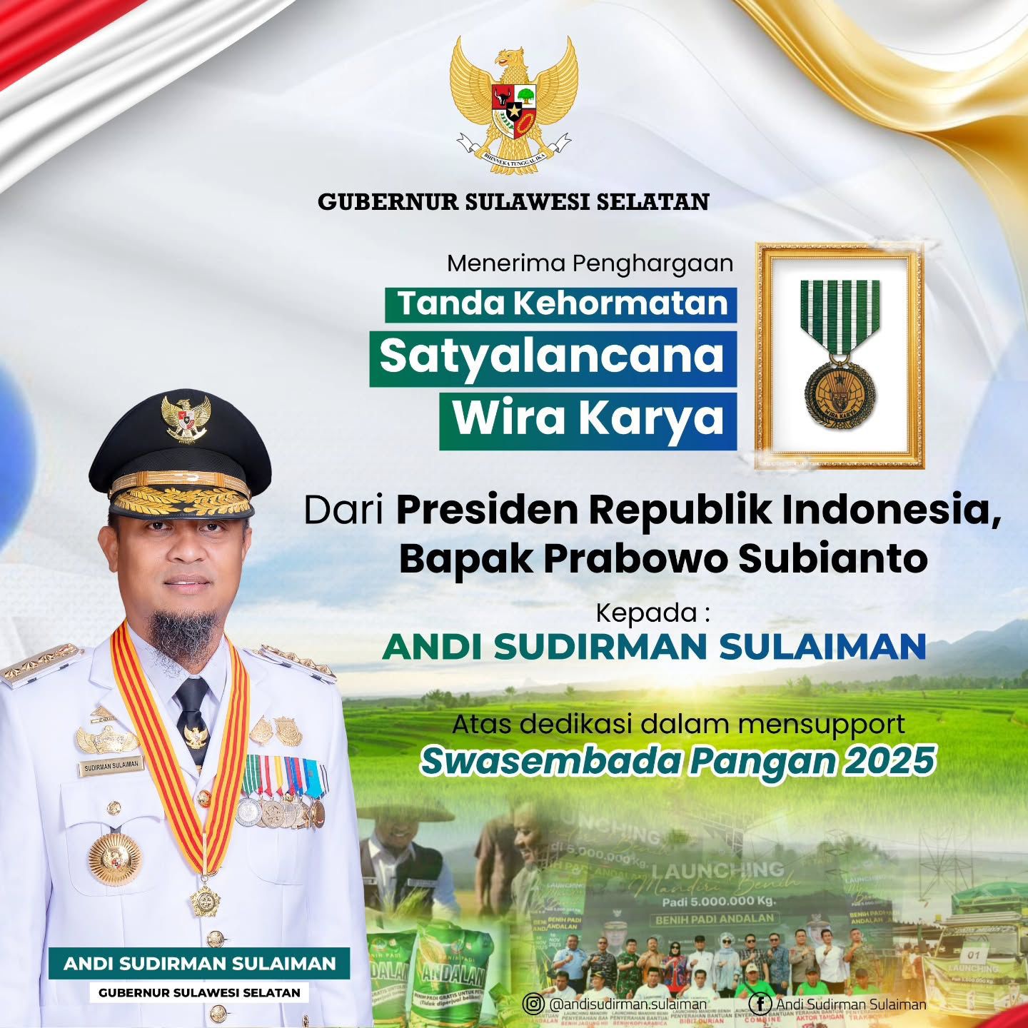 Sukses Tingkatkan Pertanian, Gubernur Sulsel Terima Satyalancana Wira Karya dari Presiden Prabowo