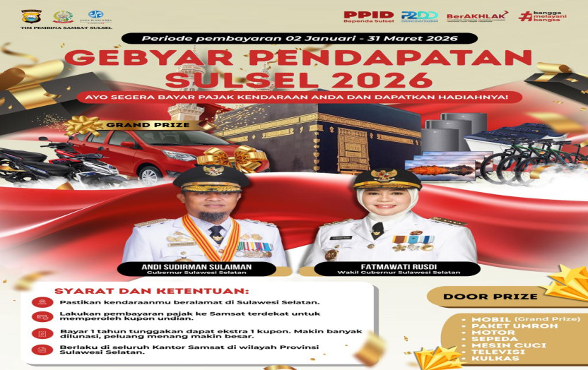 Pemprov Sulsel Gelar Gebyar Akselerasi Pendapatan 2026, Wajib Pajak Berpeluang Raih Umroh hingga Hadiah Mobil