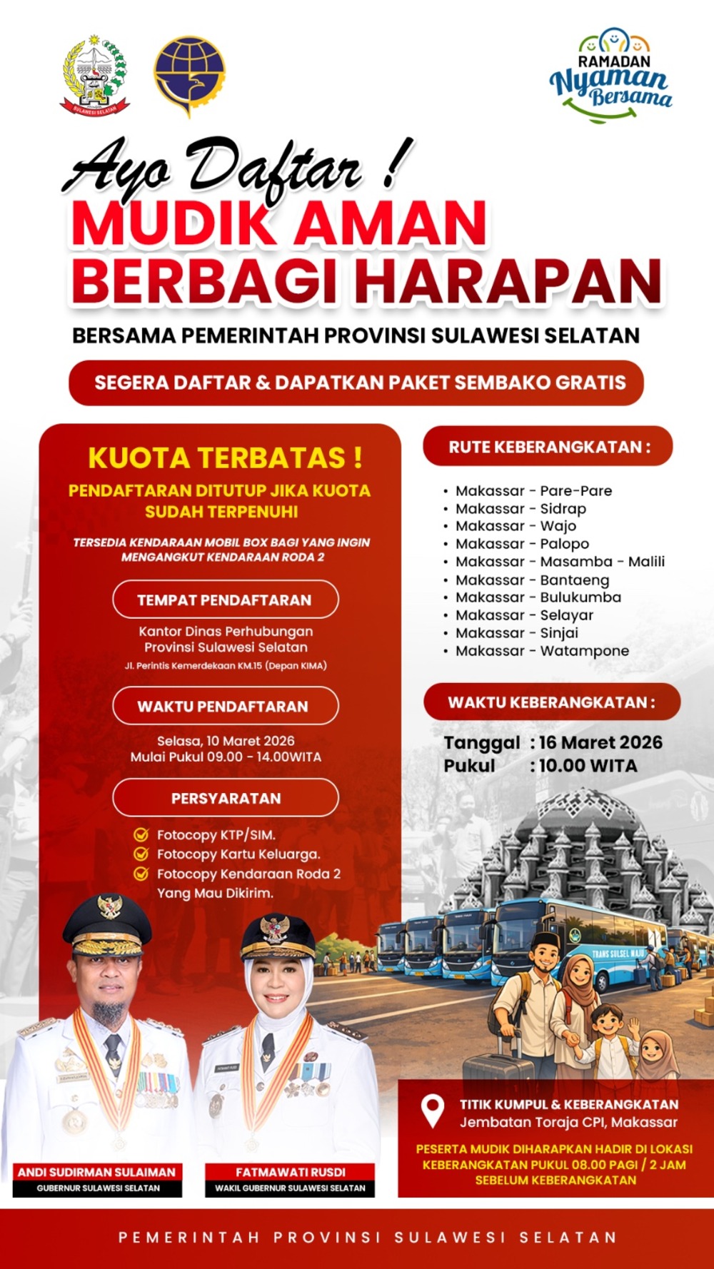 Program “Mudik Aman Berbagi Harapan”, Pemprov Sulsel Sediakan Bus Gratis dan Paket Sembako
