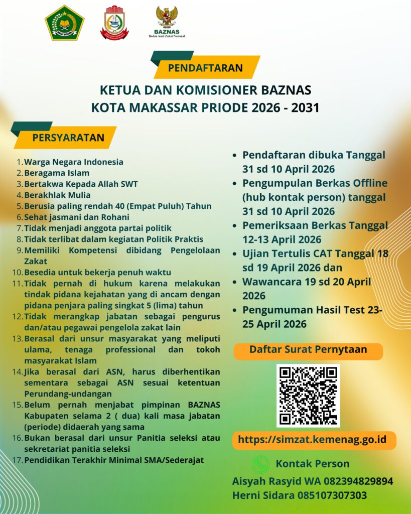Pemkot Makassar Buka Seleksi Komisioner Baznas 2026–2031, Ini Syarat dan Jadwalnya