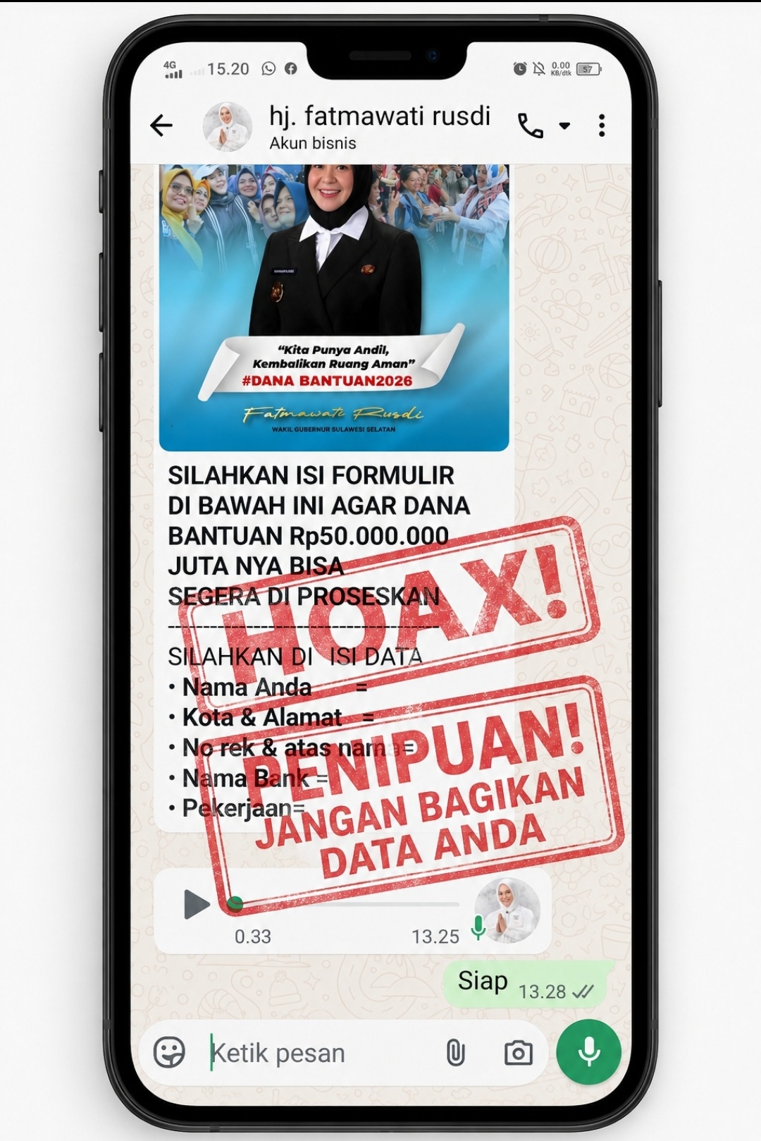 Penipuan Mencatut Nama Wagub Sulsel Beredar di WhatsApp, Warga Diimbau Waspada