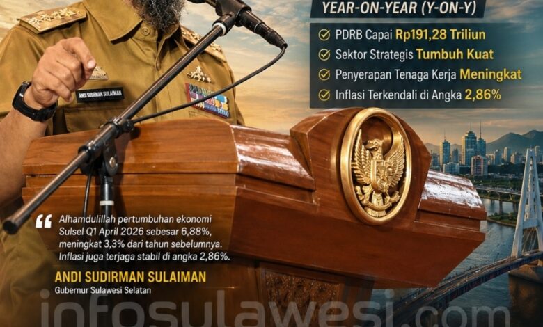 Pertumbuhan ekonomi Sulawesi Selatan (Sulsel) menunjukkan kinerja impresif pada triwulan I tahun 2026 berdasarkan laporan Badan Pusat Statistik (BPS) Sulsel sebesar 6,88 persen secara year-on-year (y-on-y), disertai peningkatan penyerapan tenaga kerja serta membaiknya kualitas pekerjaan masyarakat.