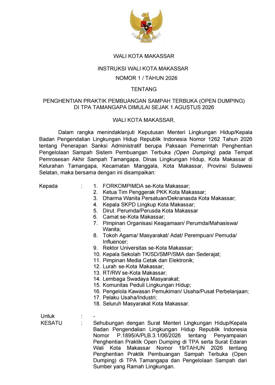 Instruksi Wali Kota Mulai 1 Agustus 2026, TPA Tamangapa Hanya Terima Sampah Residu