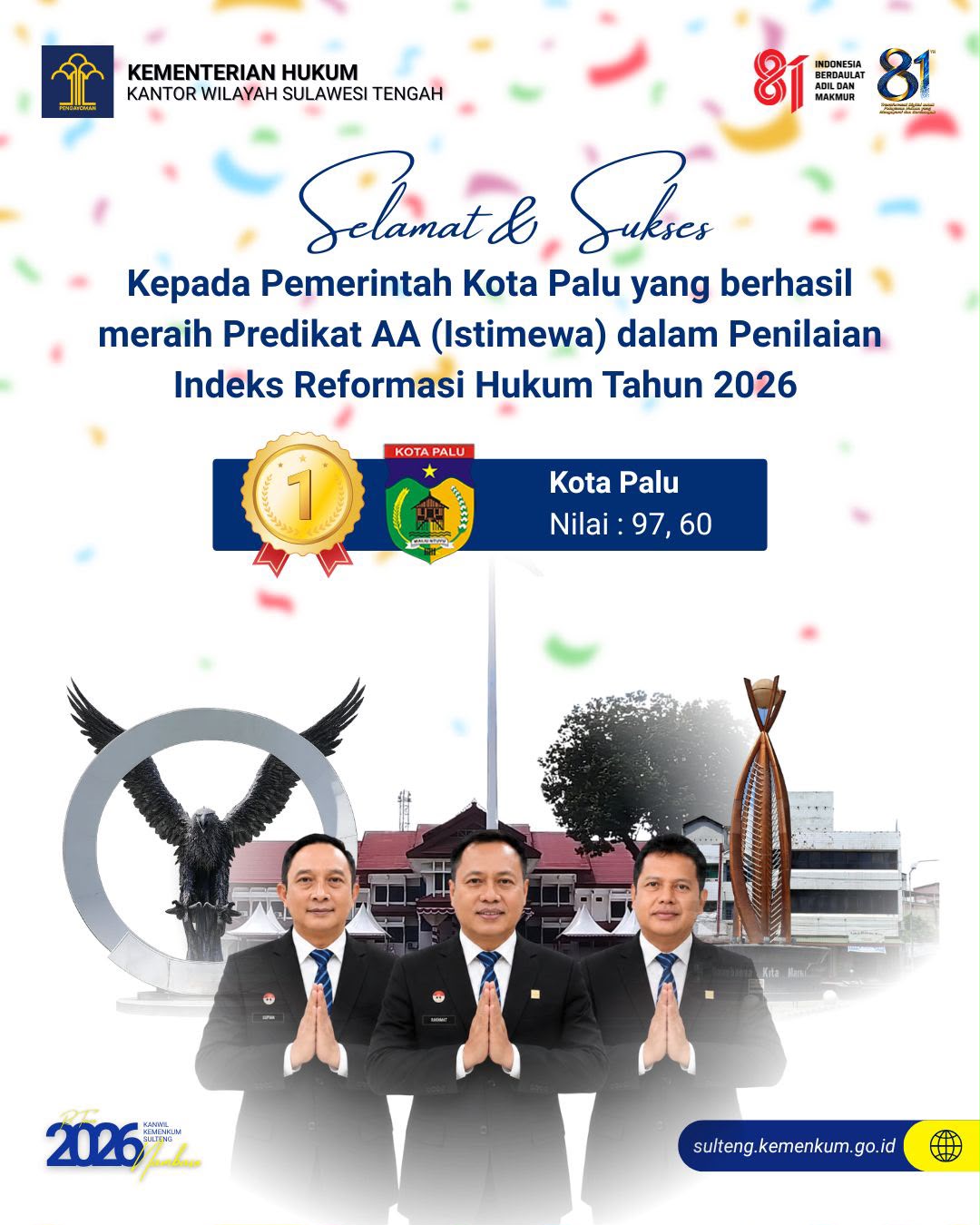 Pemkot Palu Sabet Predikat AA "Istimewa" Indeks Reformasi Hukum 2026, Tertinggi se-Sulteng dengan Skor 97,60